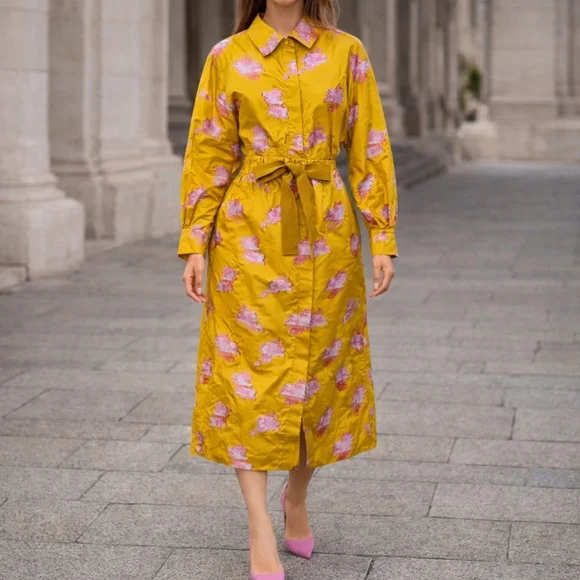 Patou Gold Satin Jacquard Embroidered Midi Shirt Dress – NWT Size 4, MSRP $1750 - Picture 5 of 16